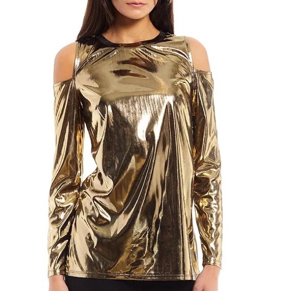 MICHAEL Michael Kors Tops - MICHAEL MICHAEL KORS Slick Foil Crew Neck Long Sleeve Sheer Cold Shoulder Top